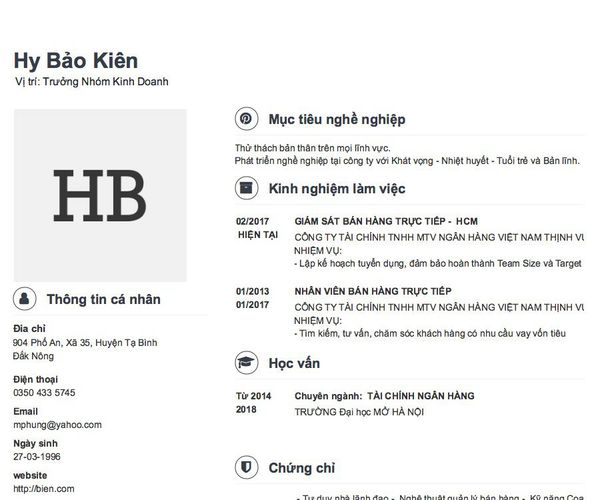 Gợi ý cách viết Mẫu CV tham khảo  Vị trí: Trưởng Nhóm Kinh Doanh