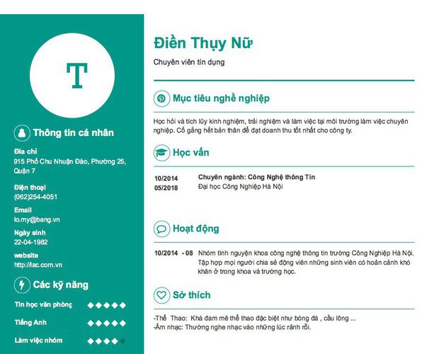 Mẫu CV Chuyên viên tín dụng
