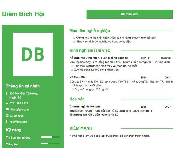 Mẫu CV Kế toán kho