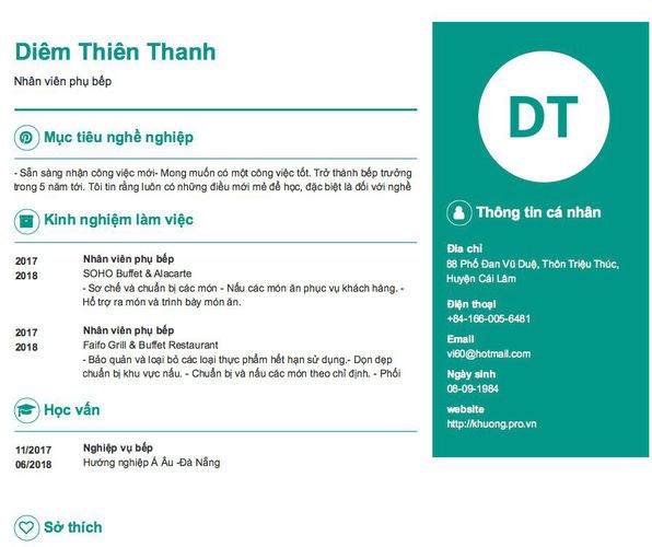 Mẫu CV Nhân viên phụ bếp
