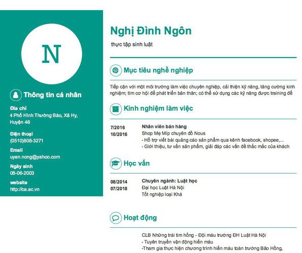 Mẫu CV thực tập sinh luật