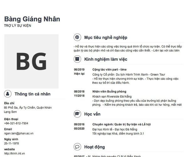 Mẫu CV TRỢ LÝ SỰ KIỆN