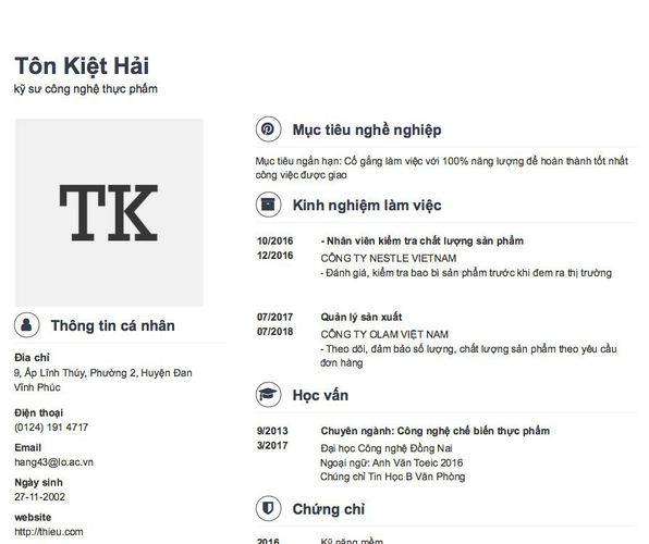 Mẫu CV kỹ sư công nghệ thực phẩm