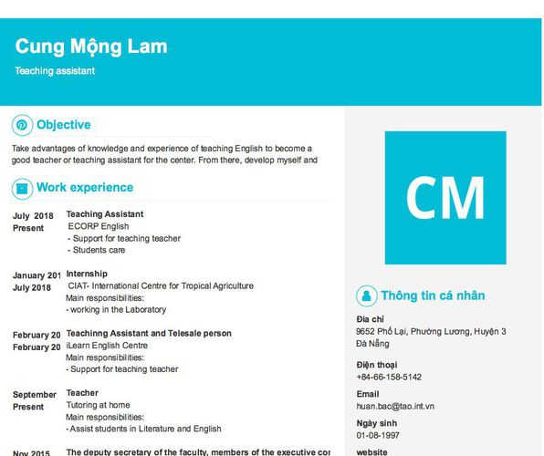 Mẫu CV Teaching assistant
