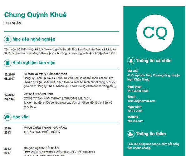 Mẫu CV THU NGÂN