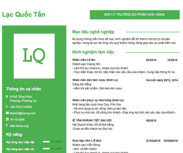 Mẫu CV tRỢ LÝ TRƯỞNG BỘ PHẬN NHÀ HÀNG