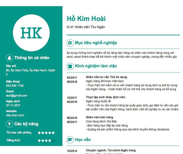 Mẫu CV Vị trí: Nhân viên Thu Ngân