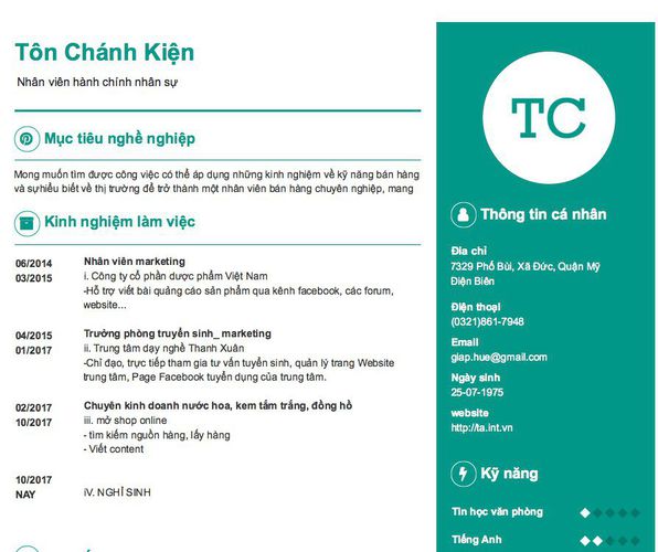Mẫu CV Nhân viên hành chính nhân sự