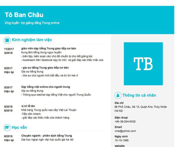Mẫu CV Ứng tuyển  trợ giảng tiếng Trung online