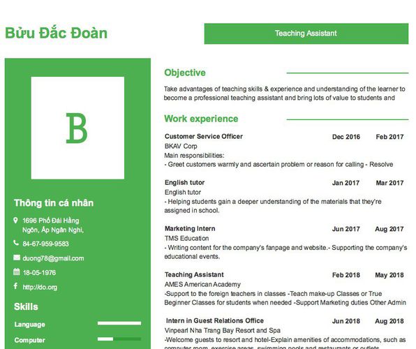 Mẫu CV Teaching Assistant