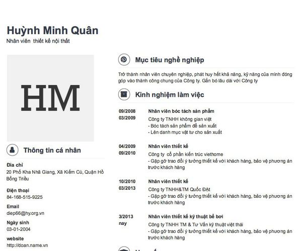 Mẫu CV Nhân viên  thiết kế nội thất