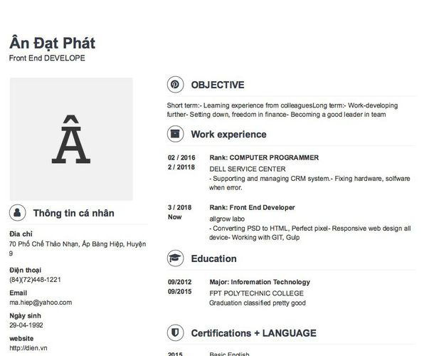 Mẫu CV Front End DEVELOPE