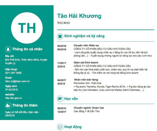 Mẫu CV THỦ KHO