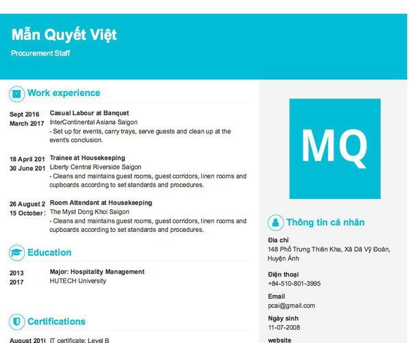 Mẫu CV Procurement Staff