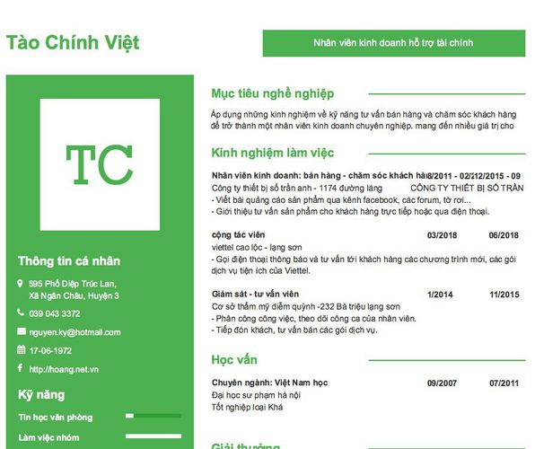 Gợi ý cách viết Mẫu CV tham khảo Nhân viên kinh doanh hỗ trợ tài chính