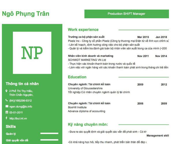 Mẫu CV Production SHIFT Manager