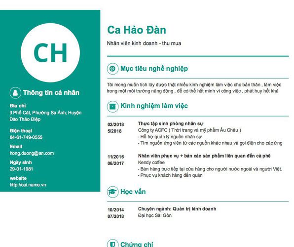 Mẫu CV Nhân viên kinh doanh - thu mua