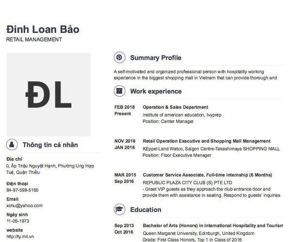 Mẫu CV RETAIL MANAGEMENT