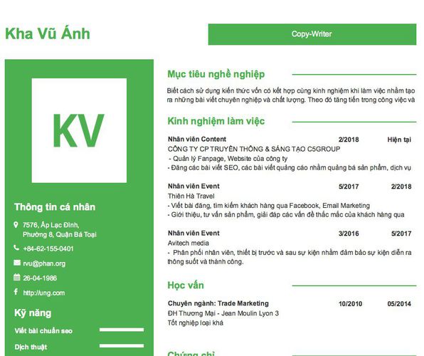 Mẫu CV Copy-Writer