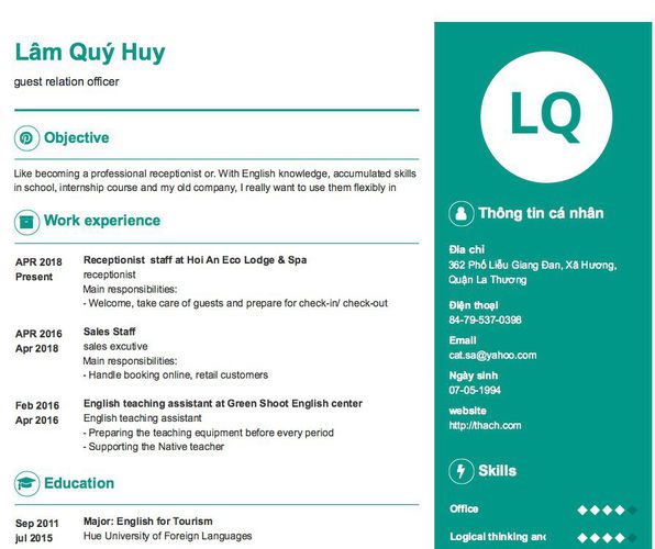 Mẫu CV guest relation officer