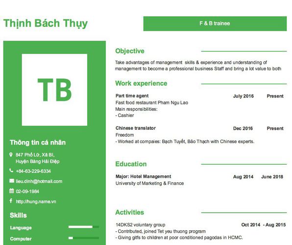 Mẫu CV F & B trainee
