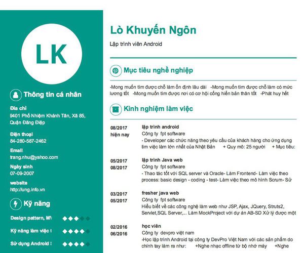 Mẫu CV Lập trình viên Android