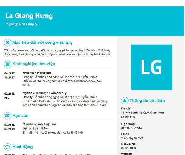 Mẫu CV Thực tập sinh Pháp lý