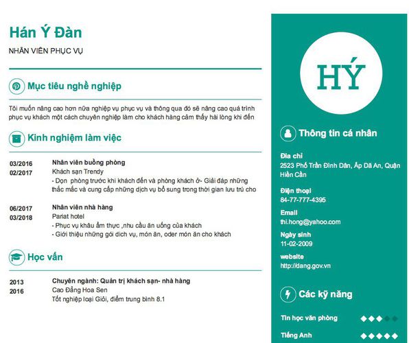 Mẫu CV NHÂN VIÊN PHỤC VỤ