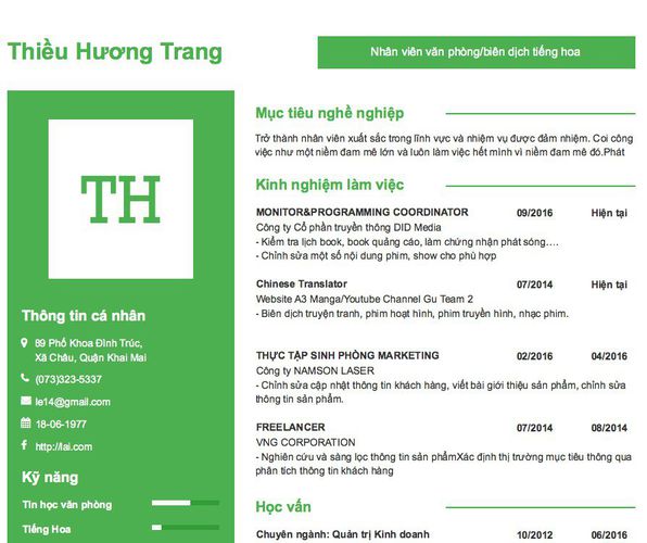 Mẫu CV Nhân viên văn phòng/biên dịch tiếng hoa