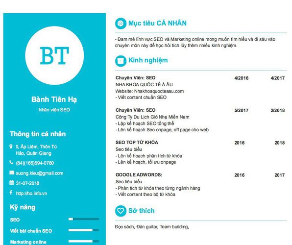 Mẫu CV Nhân viên SEO