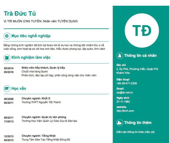 Gợi ý cách viết Mẫu CV tham khảo VỊ TRÍ MUỐN ỨNG TUYỂN: Nhân viên TUYỂN DỤNG