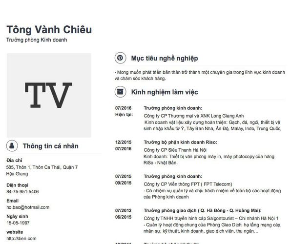 Mẫu CV Trưởng phòng Kinh doanh