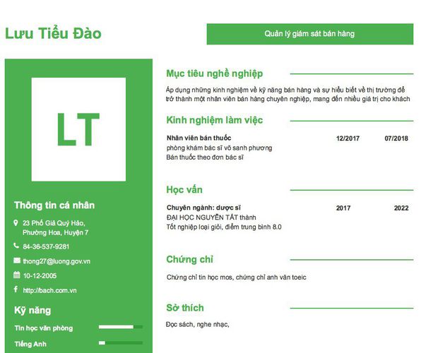 Mẫu CV Quản lý giám sát bán hàng