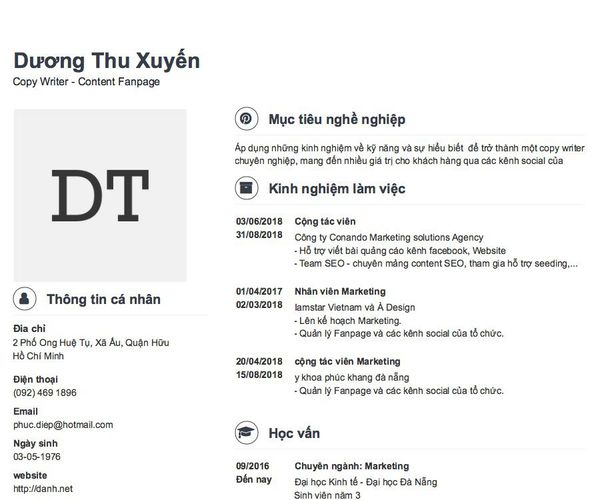 Mẫu CV Copy Writer - Content Fanpage