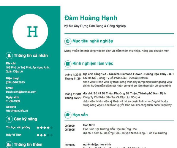 Mẫu CV Kỹ Sư Xây Dựng Dân Dụng & Công Nghiệp