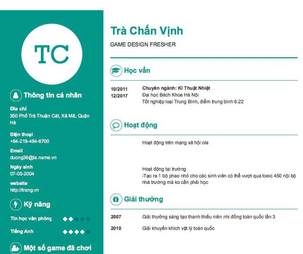 Mẫu CV GAME DESIGN FRESHER