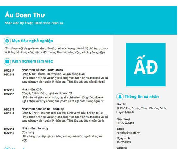 Mẫu CV Nhân viên Kỹ Thuật, Hành chính nhân sự