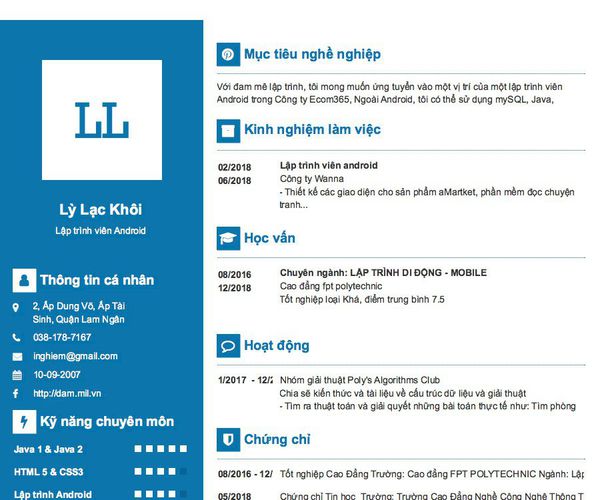 Mẫu CV Lập trình viên Android