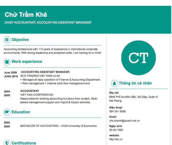 Mẫu CV CHIEF ACCOUNTANT, ACCOUNTING ASSISTANT MANAGER