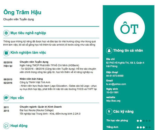 Mẫu CV Chuyên viên Tuyển dụng