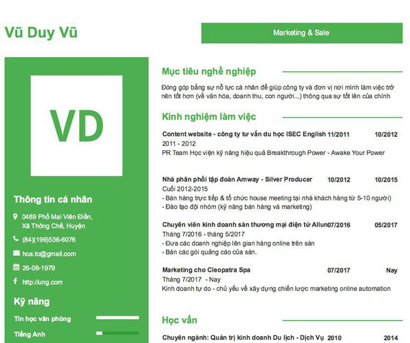 Mẫu CV Marketing & Sale