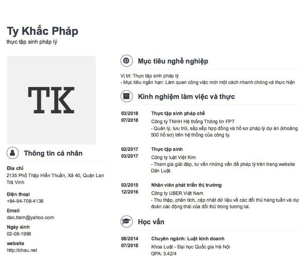 Mẫu CV thực tập sinh pháp lý