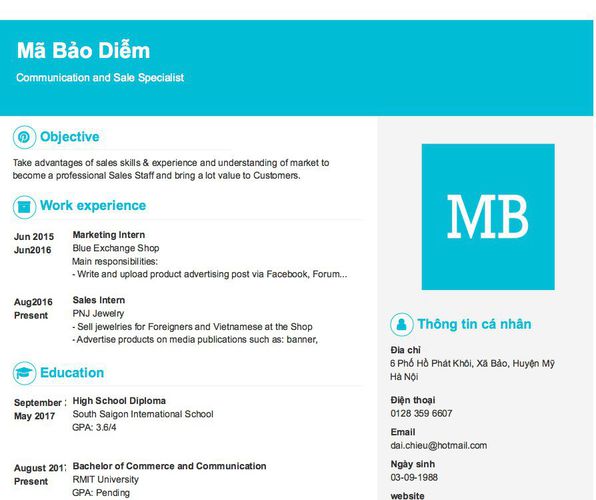 Mẫu CV Communication and Sale Specialist