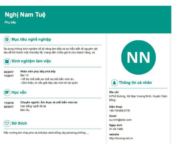 Mẫu CV Phụ bếp
