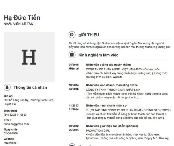 Mẫu CV NHÂN VIÊN  LỄ TÂN