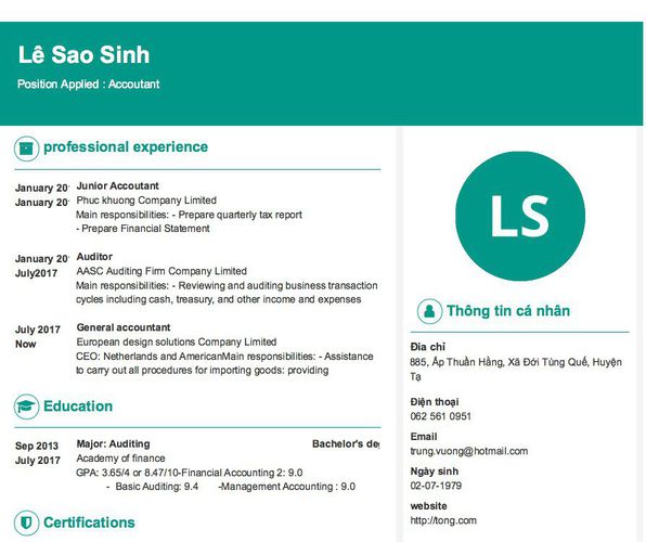 Mẫu CV Position Applied : Accoutant