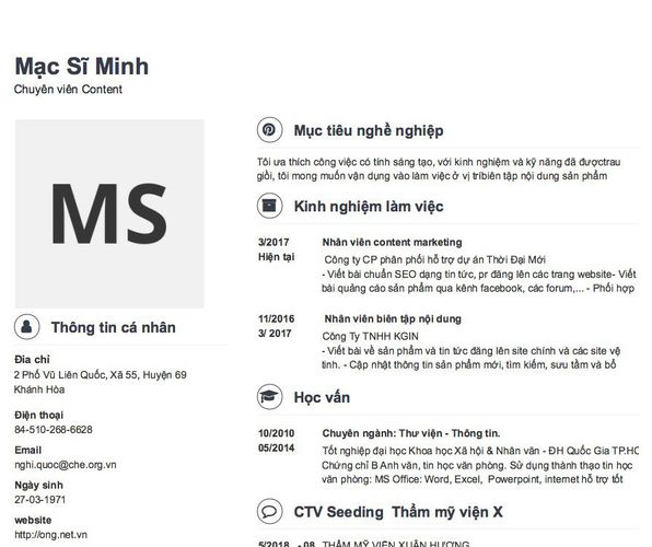 Mẫu CV Chuyên viên Content