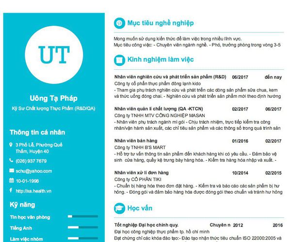 Mẫu CV Kỹ Sư Chất lượng Thực Phẩm (R&D/QA)