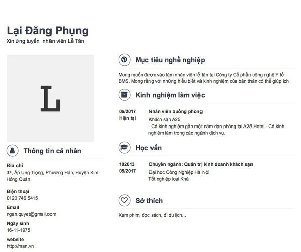 Gợi ý cách viết Mẫu CV tham khảo Xin ứng tuyển  nhân viên Lễ Tân