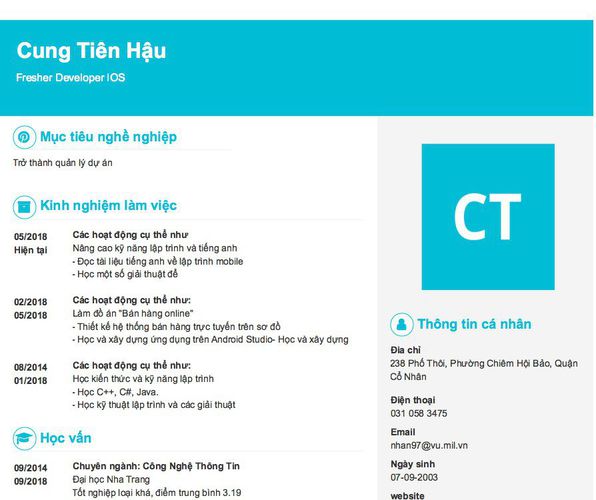 Mẫu CV Fresher Developer IOS